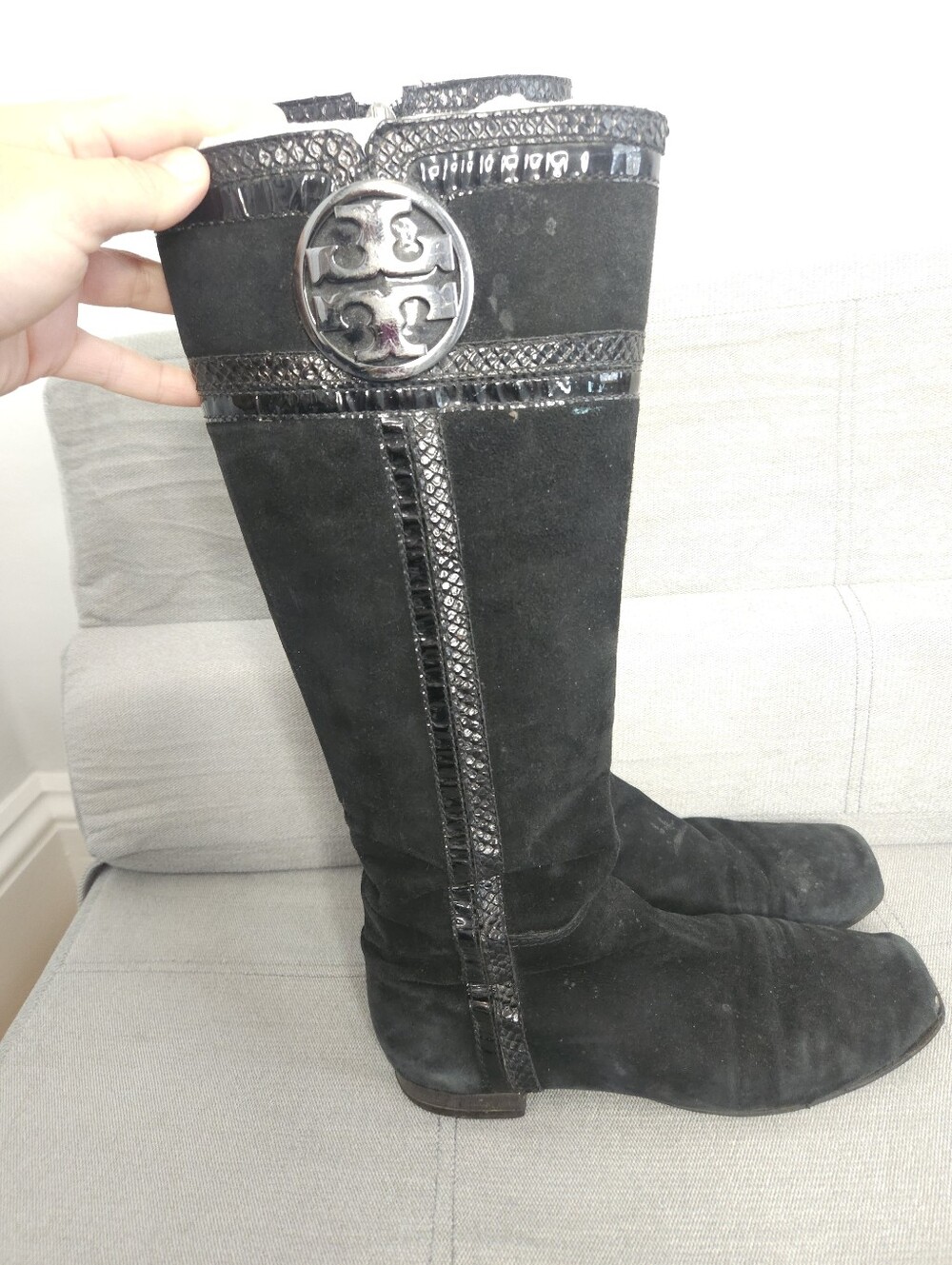 Tory Burch Black Suede Knee-High Boots with Logo Medallion - Picture 6 of 9